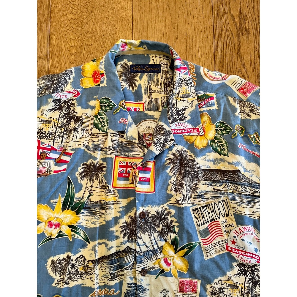 Reyn Spooner Hawaii Statehood 50th Anniversary Rayon Aloha Shirt Large Postcard